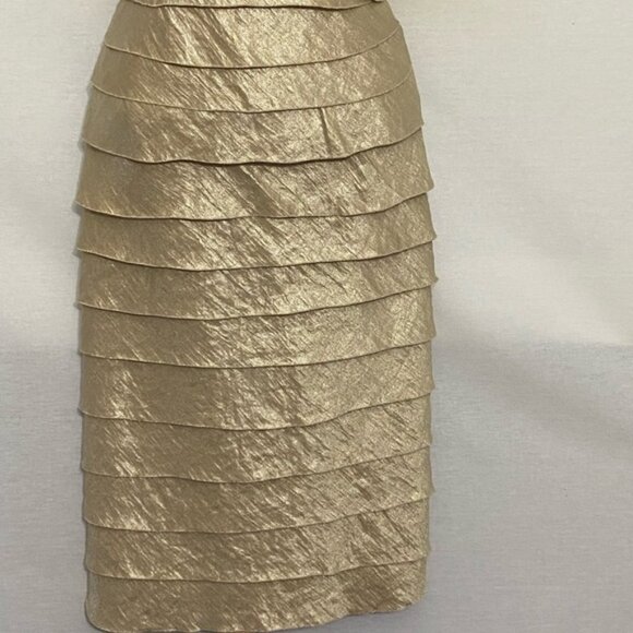 A-98 London Times Cream & Gold Ruffled Short Sleeve Tea Length Dress Size 12 - Picture 2 of 15